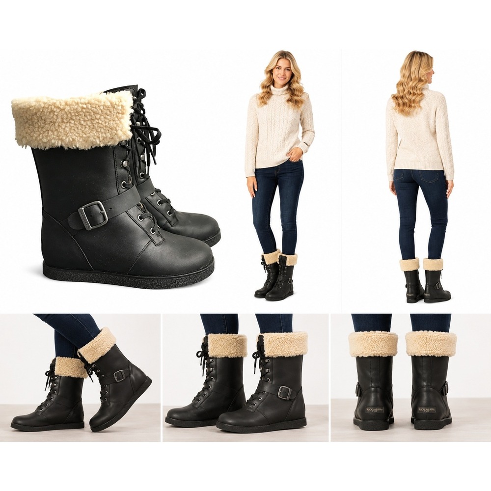 Koolaburra Boots Women 9 Gorpcore Leather Shearling Lined Lace Up Side Zip‎ Cozy
